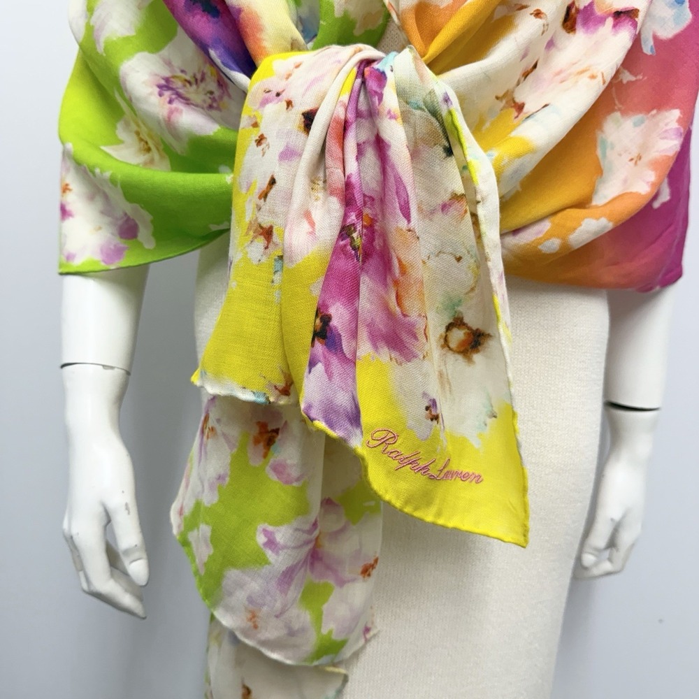 Ralph Lauren Floral Scarf "Ralph Lauren" Name in Raised Pink Embroidery 24" x 75 - Picture 3 of 7